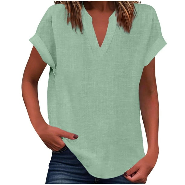 Vestidos Casuales Para Mujer, Blusas De Mujer De Moda Suéter de mujer de color liso de imitación de lino y lino con hombros descubiertos y cuello en V de manga corta a la moda