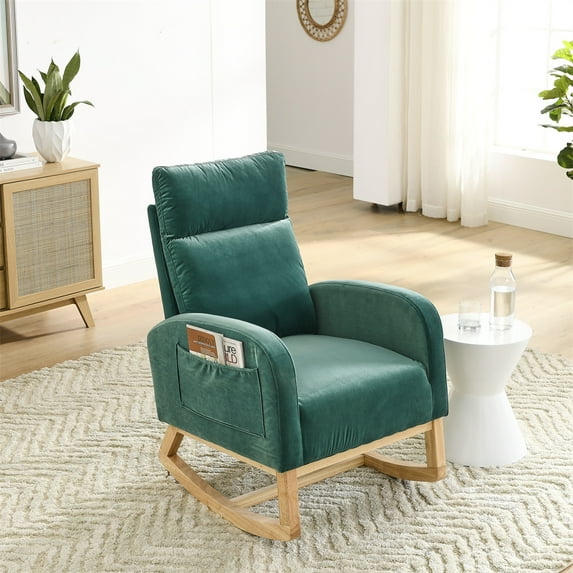 27.6"W Velvet Upholstered Rocking Chair, Padded High Back Rocking Chair Nursery, Mid-Century Modern Nursery Rocking Armchair with Side Pocket, Accent Nursing Chair for Living Room/Bedroom, Blue