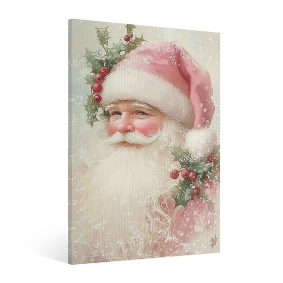 Vintage Christmas Pink Santa Claus Wall Art Paint Framed - Xmas Festive Winter Holiday Christmas Wall Decor Canvas Print for Living Room Kitchen Home Bedroom Decor