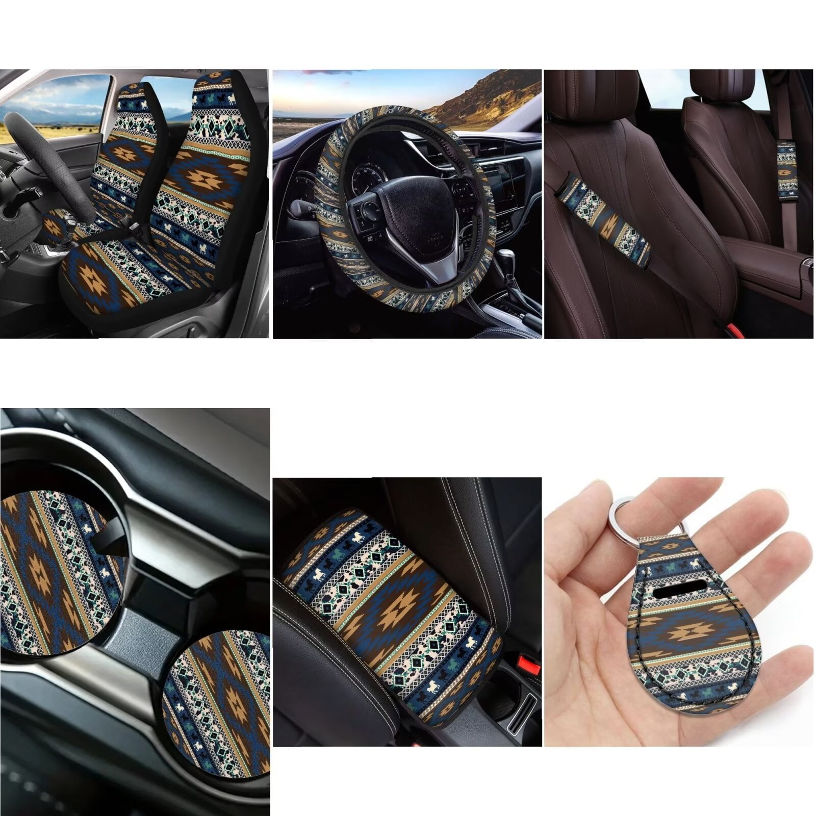 LedBack Aztec Southwest Car Seat Cover Full Set for Women Men, Horse Print Universal Car Accessories Non Slip Steering Wheel Covers Soft Armrest Pads Seat Belt Cover Coaster for Cars Trucks SUVs