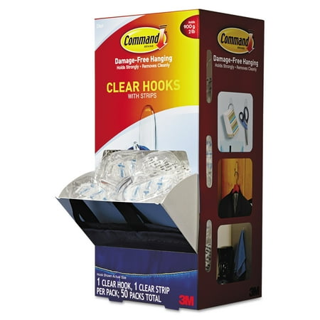 Command Clear Hooks and Strips, Plastic, Medium, 50 Hooks with 50 Adhesive Strips per Carton