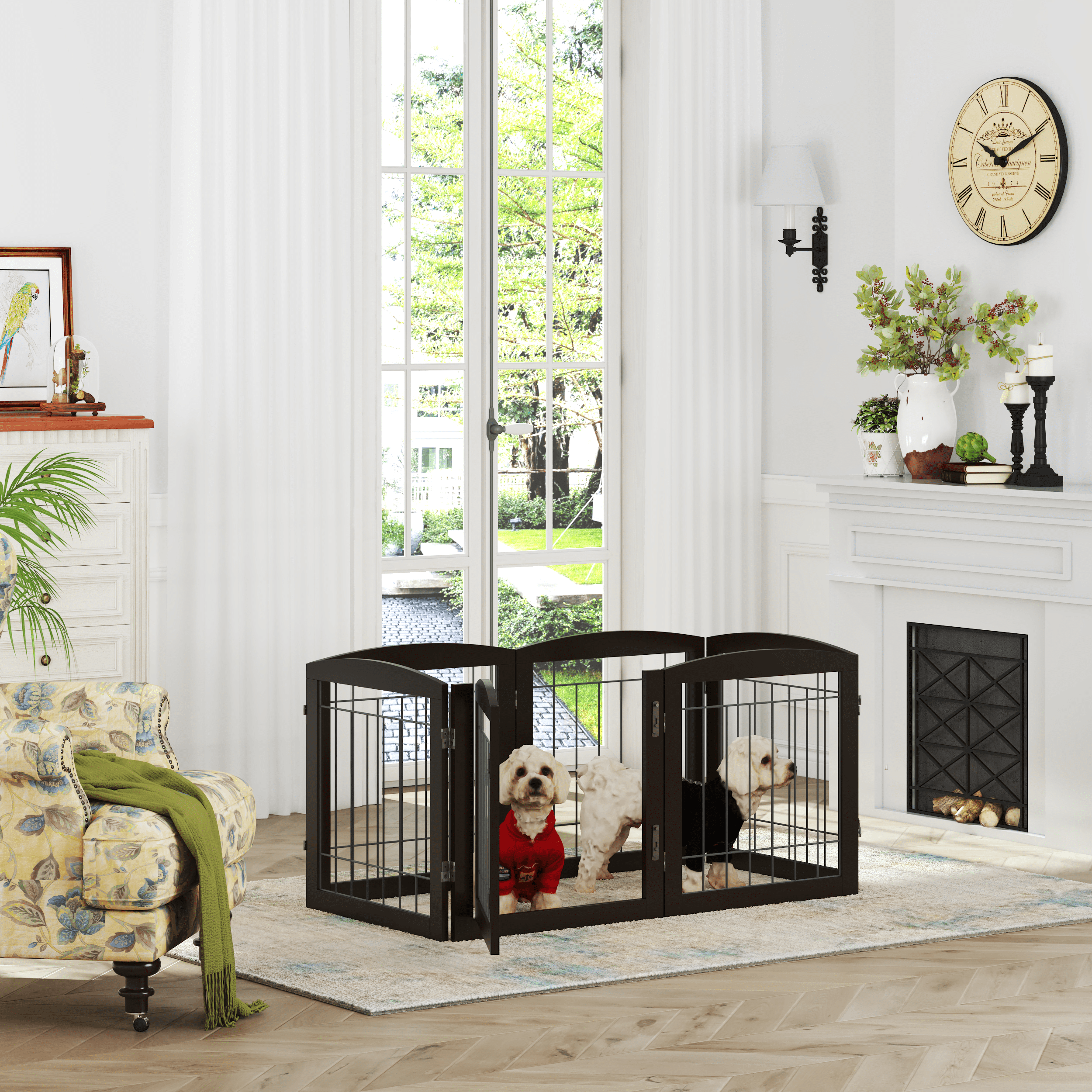 STAROUS Extra Wide Wooden Dog Gate with Convenient Walk-Through Door: Secure Pet Barrier for Home - Suitable for Doorways, Stairs, and Openings, 110" Wide, 6 Panels (Espresso)