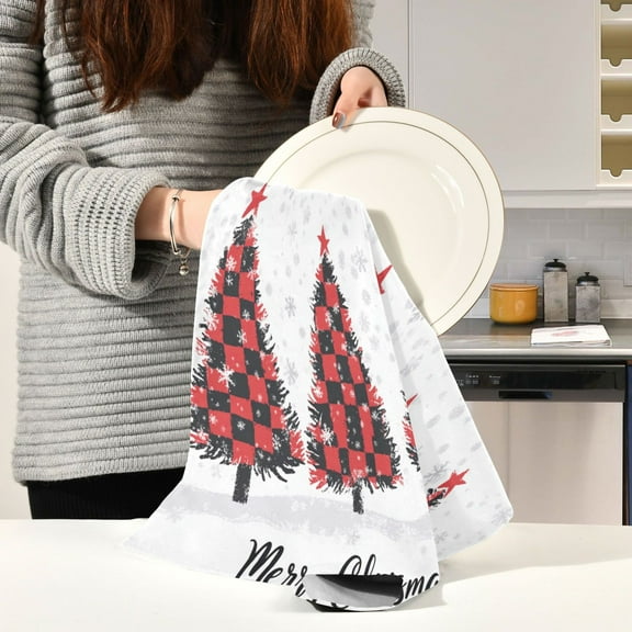 BZSMCE Kitchen Towels Creative Red Black Plaid Christmas Trees Pattern Durable Kitchen Towel