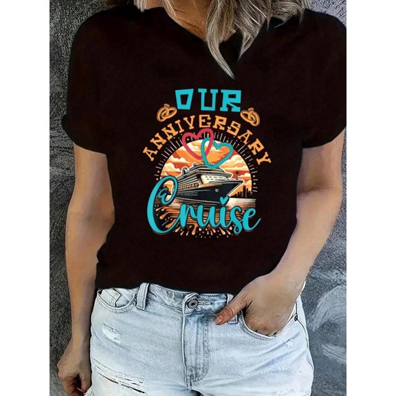 Retro Our Anniversary Cruise Vacation T-Shirt Romantic Nautical Couple Matching Tee Vintage Sunset Graphic Top for Women and Men