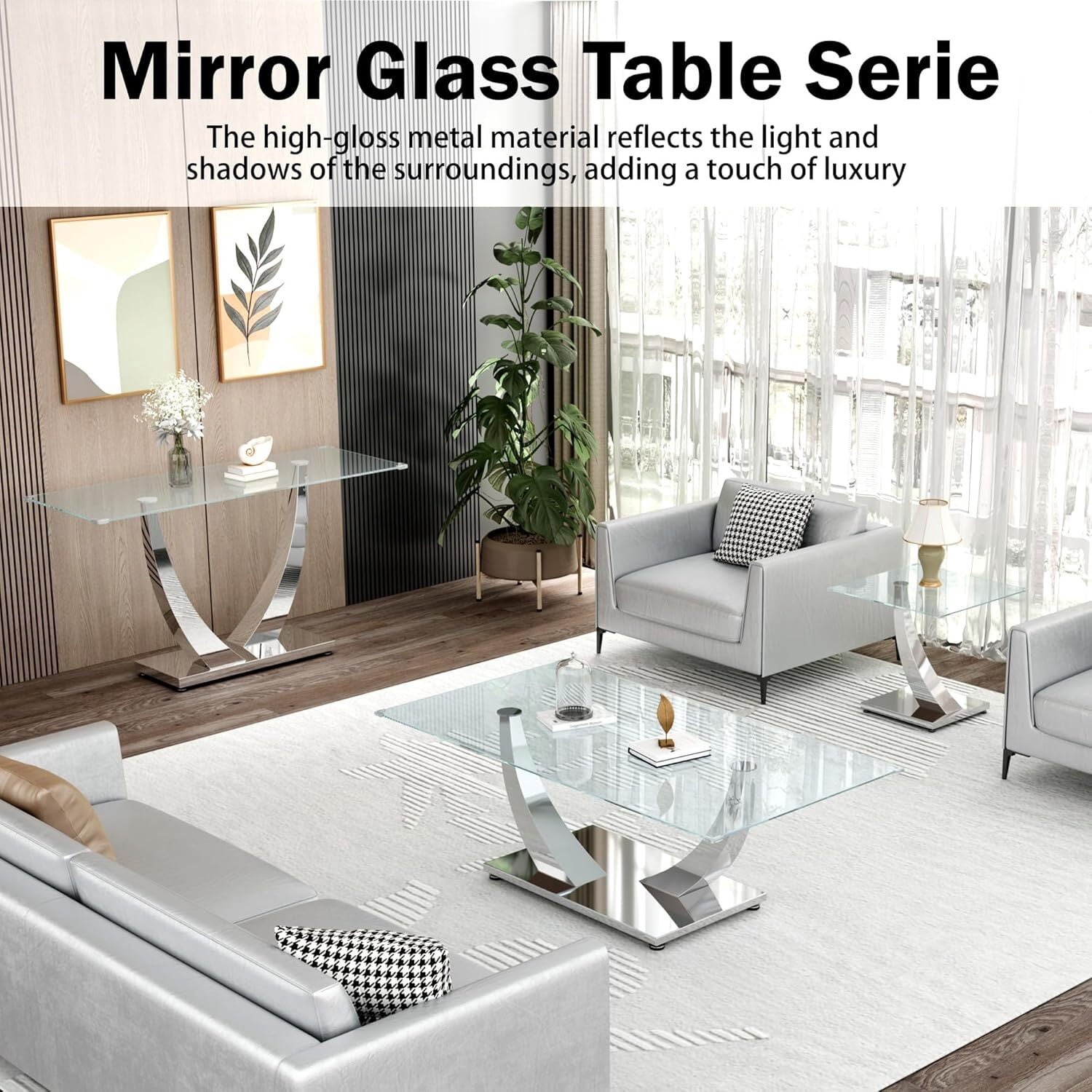 47" Glass Coffee Table, Modern Living Room Table with 0.39" Tempered Glass Top & Mirrored U-Shape Stainless Steel Base, Sofa Center Table for Apartment, Home, Office.
