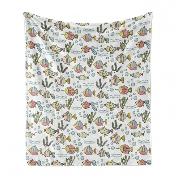 Aquarium Soft Flannel Fleece Throw Blanket, Nursery Theme Inspired Image with Colorful Fishes Algae and Bubbles, Cozy Plush for Indoor and Outdoor Use, 50" x 70", White and Multicolor, by Ambesonne