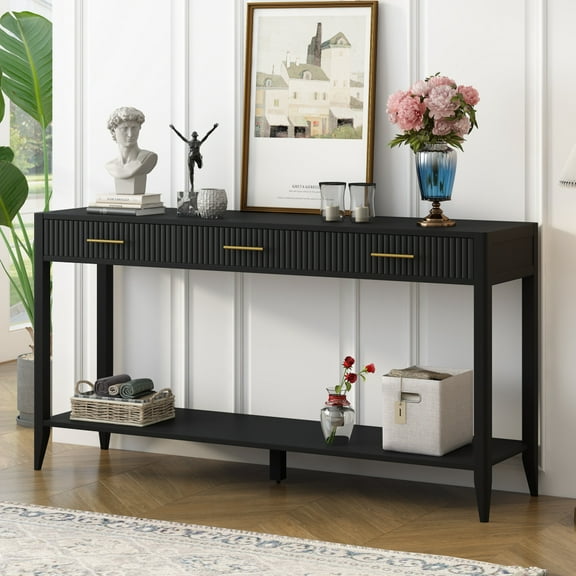 Wooden Entryway Console Table with 3 Vertical Stripe Drawers, Narrow Long Sofa Table with Open Storage Shelf, Modern Behind Couch Table for Entryway/Hallway/Living Room/Foye/Corridor, Black