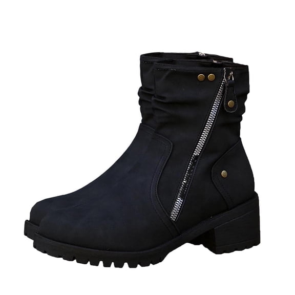 Women's Wide Width Boots Low Heel Side Zipper Slouchy Mid Calf Boots Comfortable Round Toe Fall Winter Casual Short Boots for Women