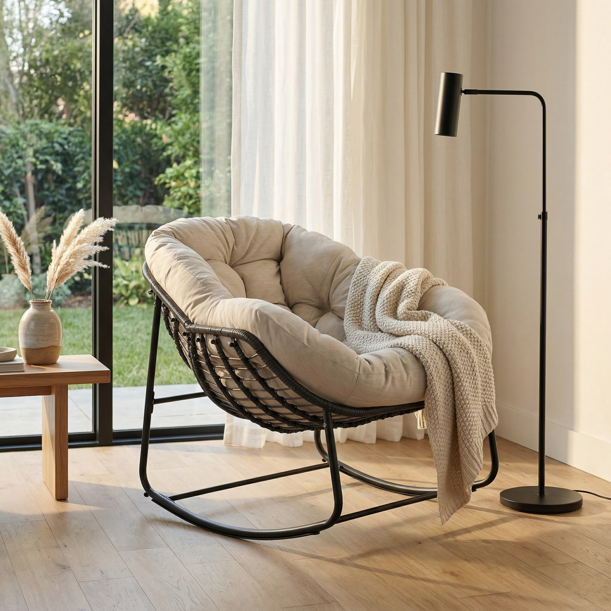 Outdoor Papasan Rocking Chair, Oversized Egg Rocking Chair with Cushion, Wicker Rattan Patio Rocker, Indoor Outdoor Lounge Chair for Porch Garden Living Room, Beige
