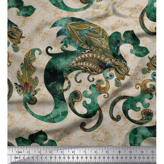 Soimoi Satin Silk Fabric Leaves Paisley Print Fabric by The Yard 42 Inch Wide