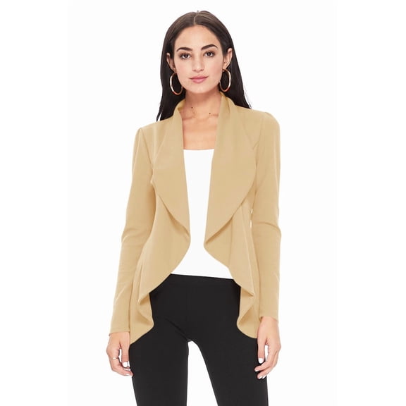Women's Elegant Solid Stretch Open Front Long Sleeve Blazer Jacket Khaki XL