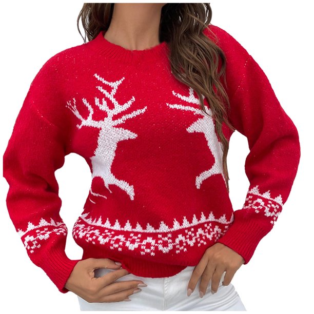 Otoño Invierno Mujer Navidad Impresión Empalme Cuello redondo Manga larga Línea Suéter Tops Blusa Pompotops hdfakjf11096