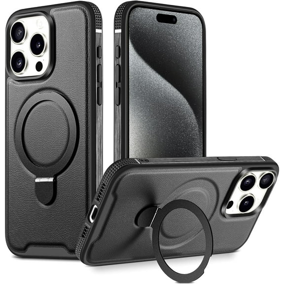 Magnetic Leather Case for iPhone 15 Pro Max Case MagSafe Shockproof Protective Case with Magnetic Stand Non-Slip Bumper (Black)