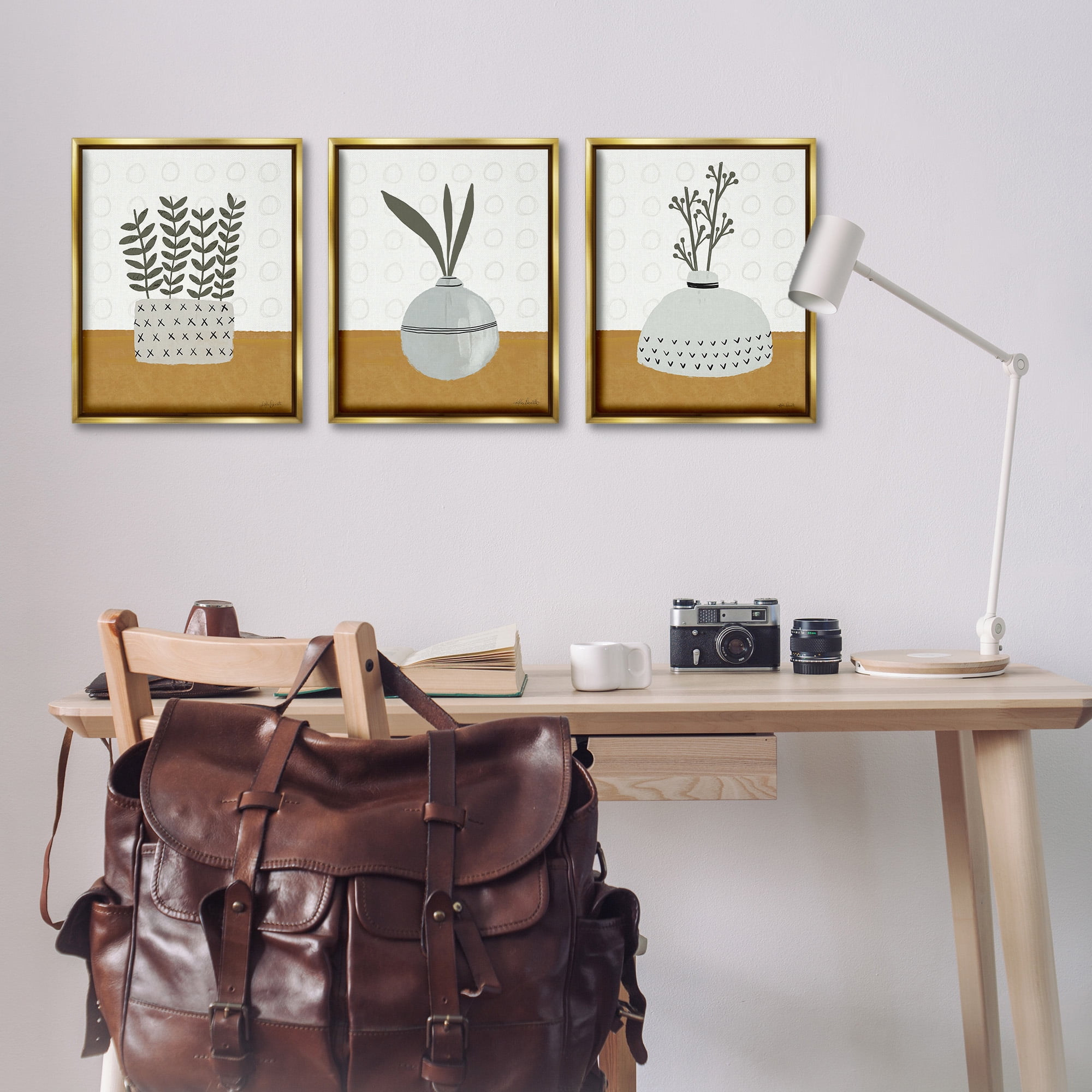Stupell Industries Contemporary Plant Vases Botanical & Floral Painting Gold Floater Framed Canvas Art Print Wall Art, 17 x 21, Set of 3