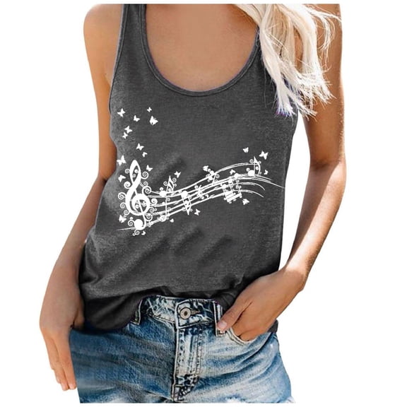 MNCEKFOD Graphic Tank Tops For Women Trendy Music Note Printed Round Neck Sleeveless Vest Leisure Daily Outdoor Summer Tops Womens Tanks Grey M