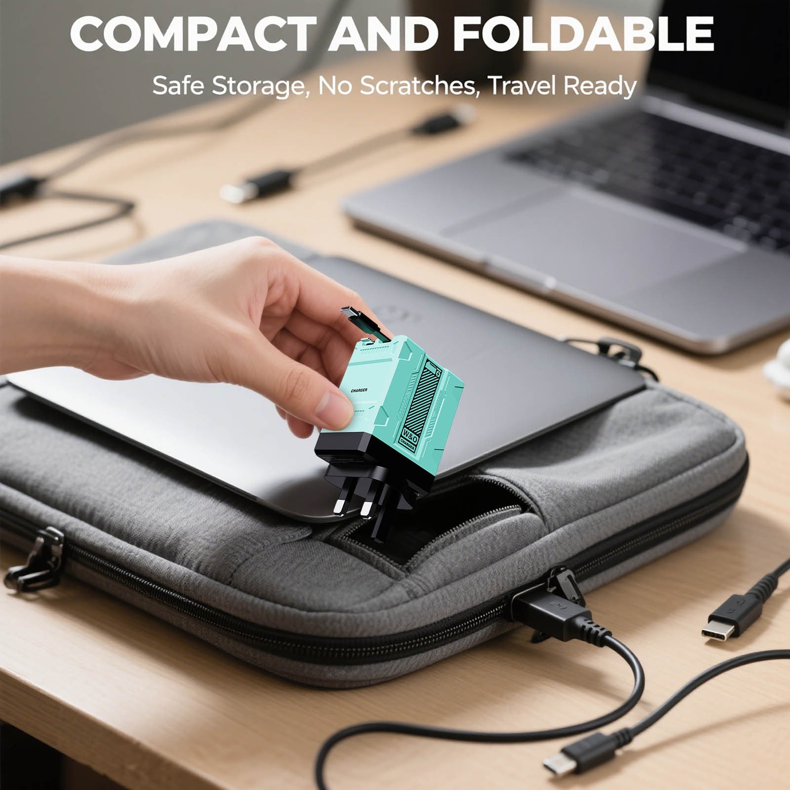 120W 2-in-1 Retractable Fast Charger, GaN Foldable Wall Plug with Built-in Cable, Portable Charging Adapter for Phones, Tablets & Laptops