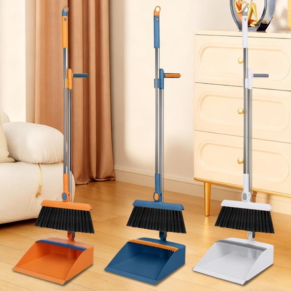 Yhmxh Broom and Dustpan Set with Long Handle, 38-in Heavy Dust Broom and Dustpan Combo, Adjustable Handle Broom Dustpan Combo with Dustpan Teeth for Home Kitchen Office Hall Floor