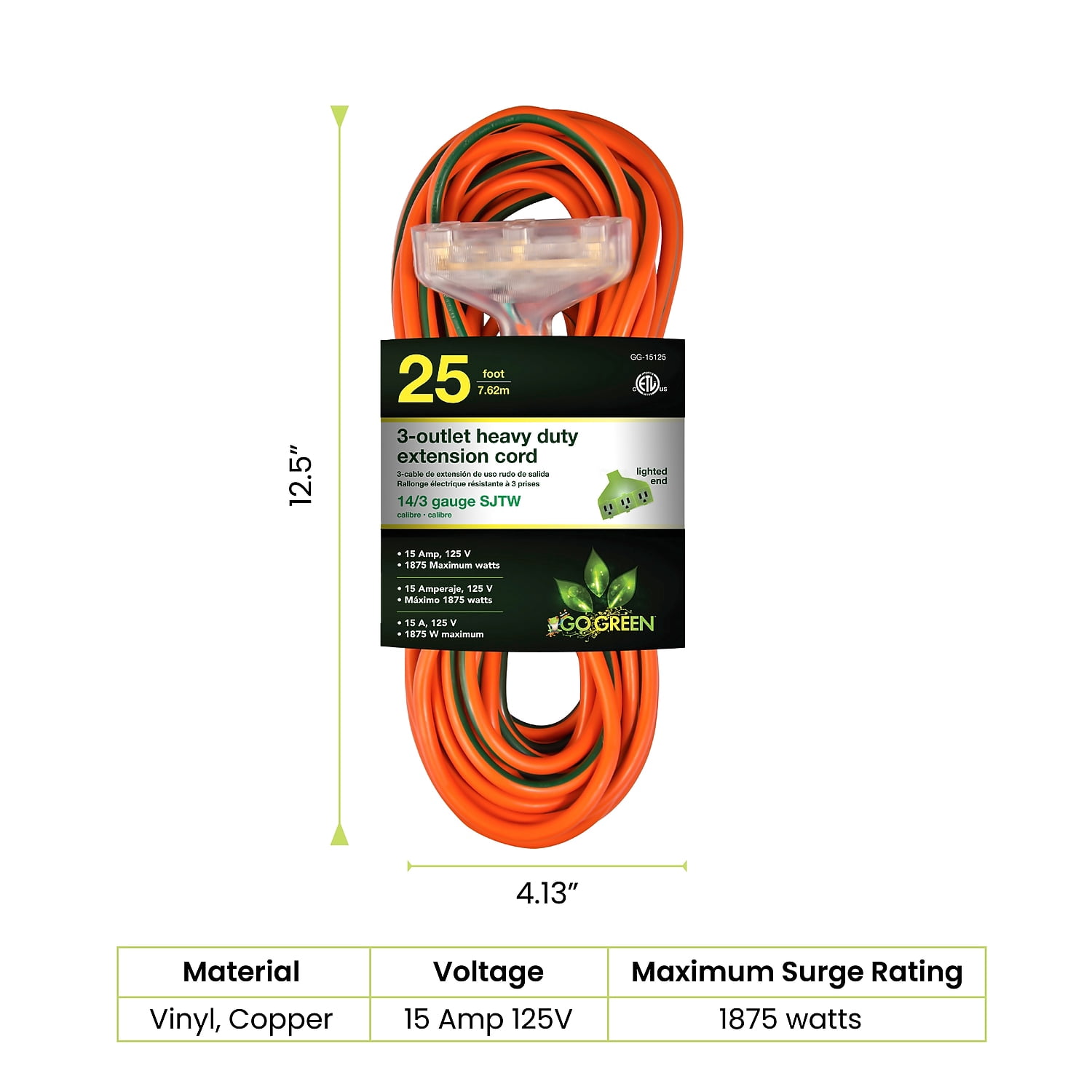 GoGreen Power (GG-15125) 14/3 25’ 3-Outlet SJTW Outdoor Extension Cord, Lighted Extension Cord, 25 ft