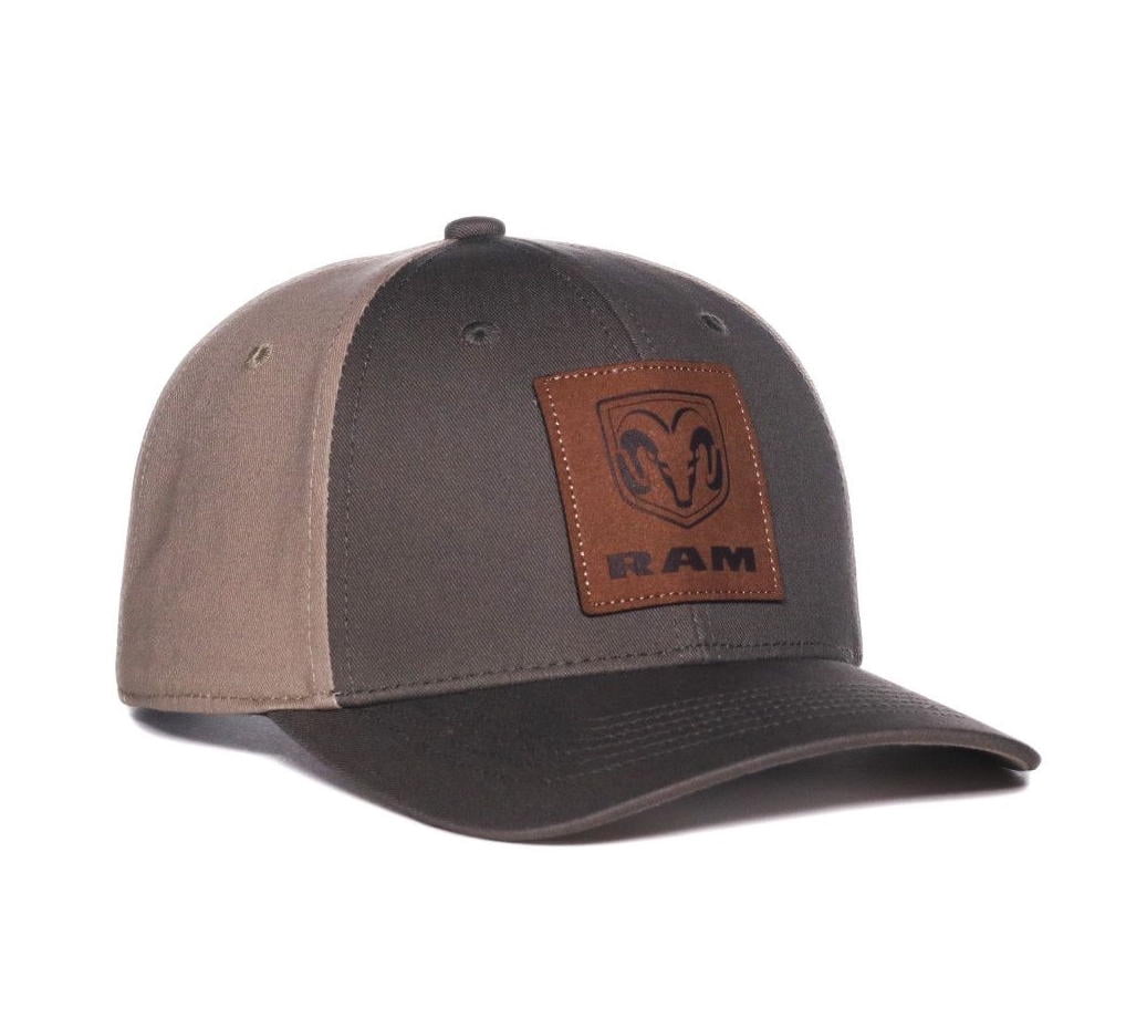 Hat - RAM TRUCKS Ball Cap Debossed Faux Leather Patch Applique Olive/Khaki