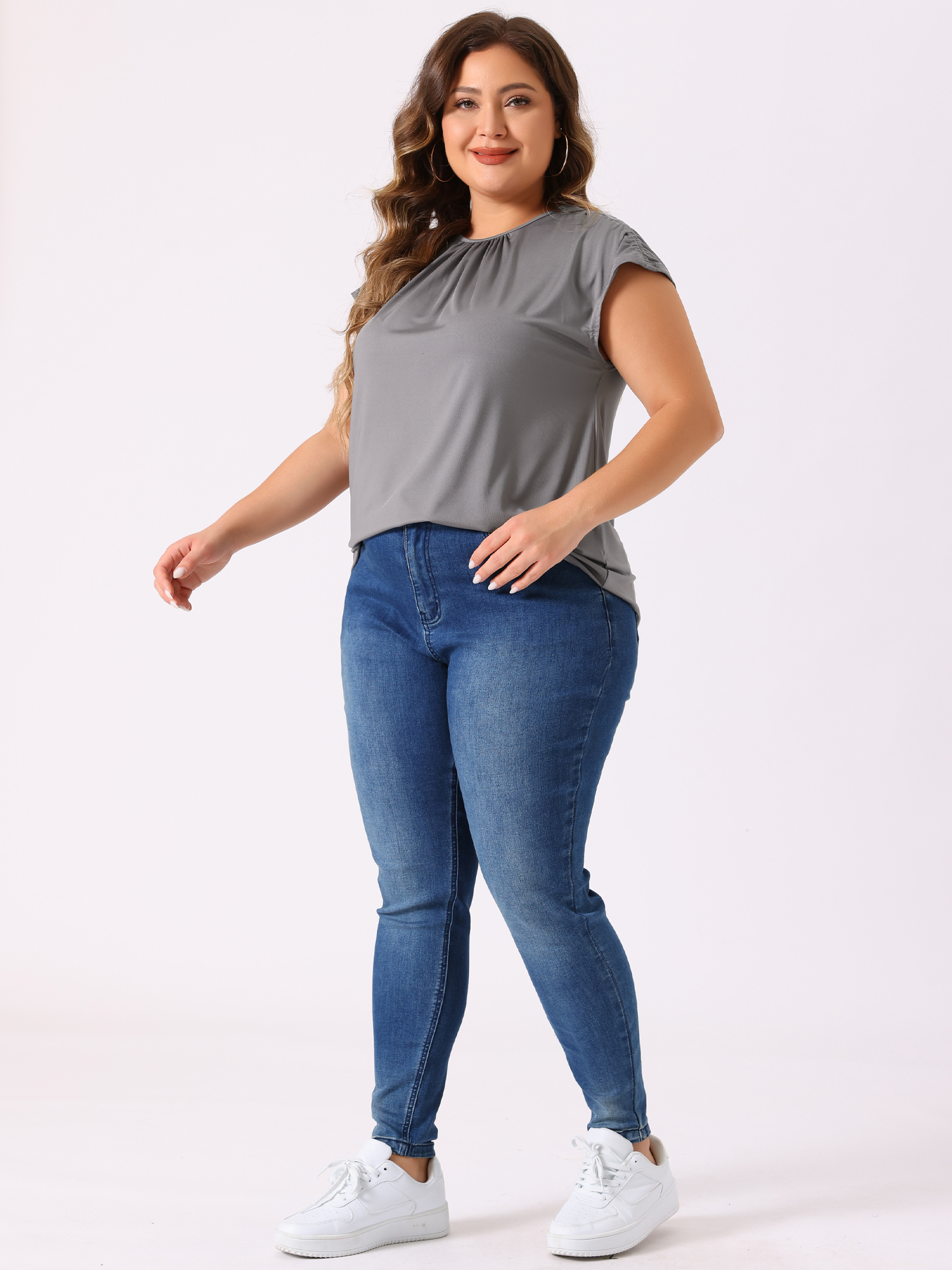 DARING DIVA Women's Plus Round Neck Ruched Short Sleeve Summer Top 2X Gray