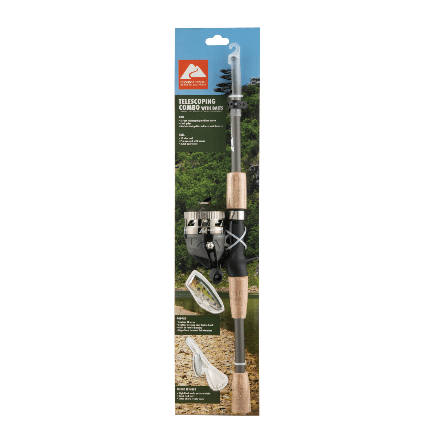 Ozark Trail Fiberglass Telescopic Spincast Rod and Reel Combo Kit with Lures for Adults, Teens, and Kids, 6', Multicolor