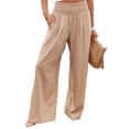 thumbnail image 2 of Pantalones de pierna ancha para mujer, pantalones elásticos de cintura alta, color puro, informales, para citas diarias, playa, marrón, M, 2 of 5