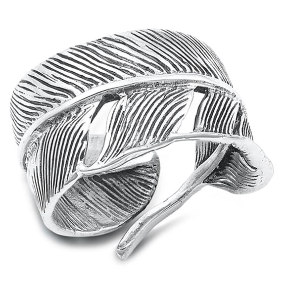 Fashion Feather Ring .925 Oxidized Sterling Silver Band Jewelry Female Male Unisex Size 9