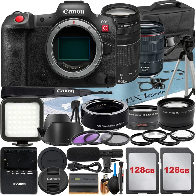 Canon EOS R5 C Mirrorless Cinema Camera with RF 24-105mm Lens + EF 75-300mm + Mount Adapter + 2 Pack 128GB Memory Card + LED Flash + Case + ZeeTech Accessory