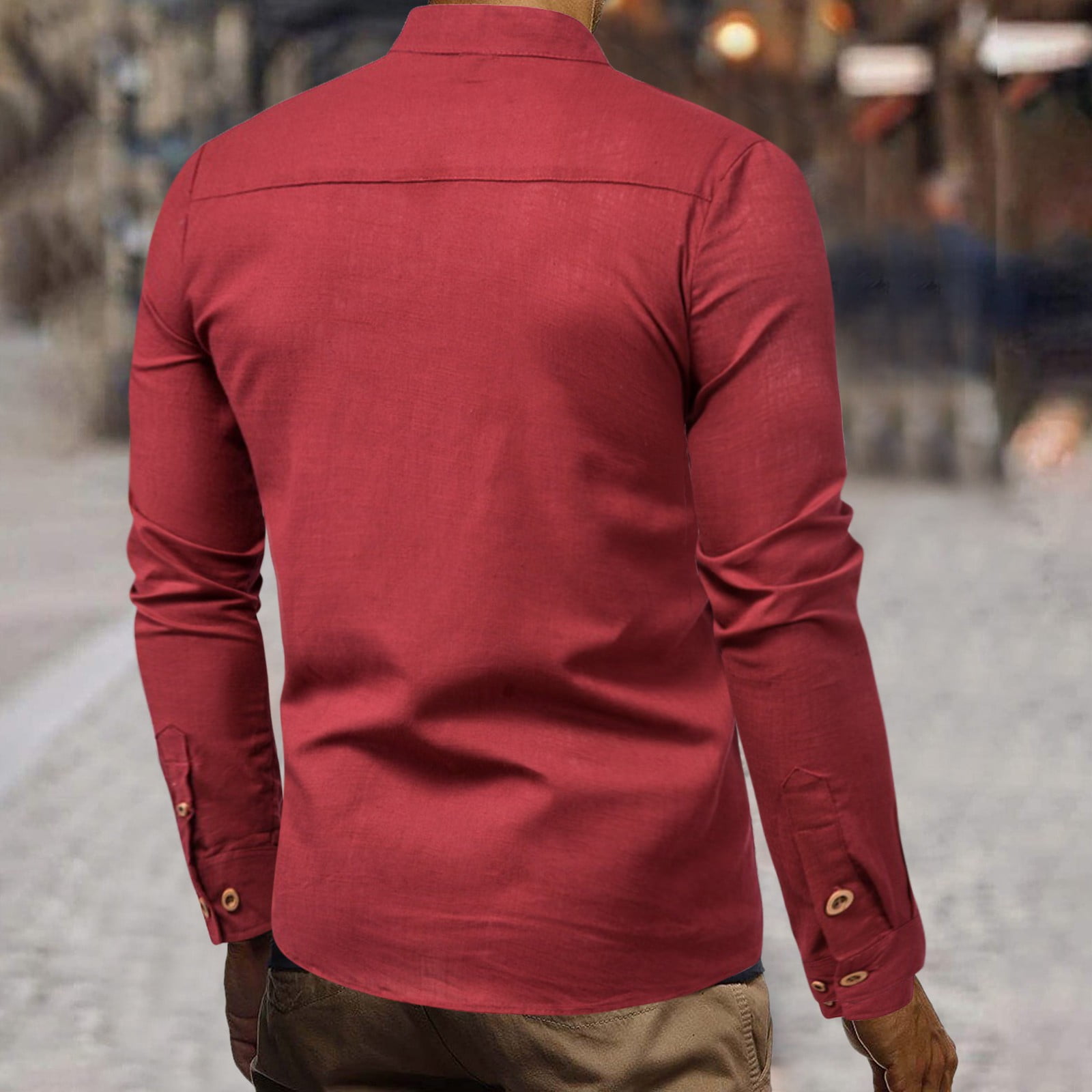 ZXHACSJ Men's Fashion Slim Fit Solid Color Long Sleeve Business Stand  Collar Cotton Hemp Half Open Men's Shirt Red XL
