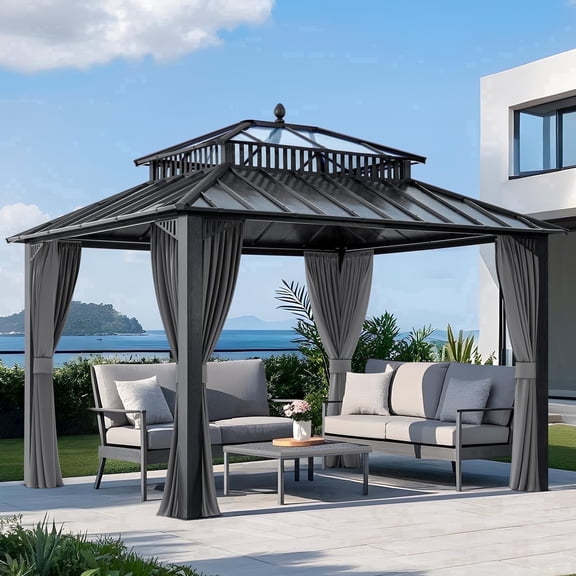 Sunjoy 12x10 ft. Outdoor Gazebo, Steel PC 2-Tier Roof Roof Hardtop Gazebo with Curtain and Netting, Kingston Series, Gray Aluminum Posts