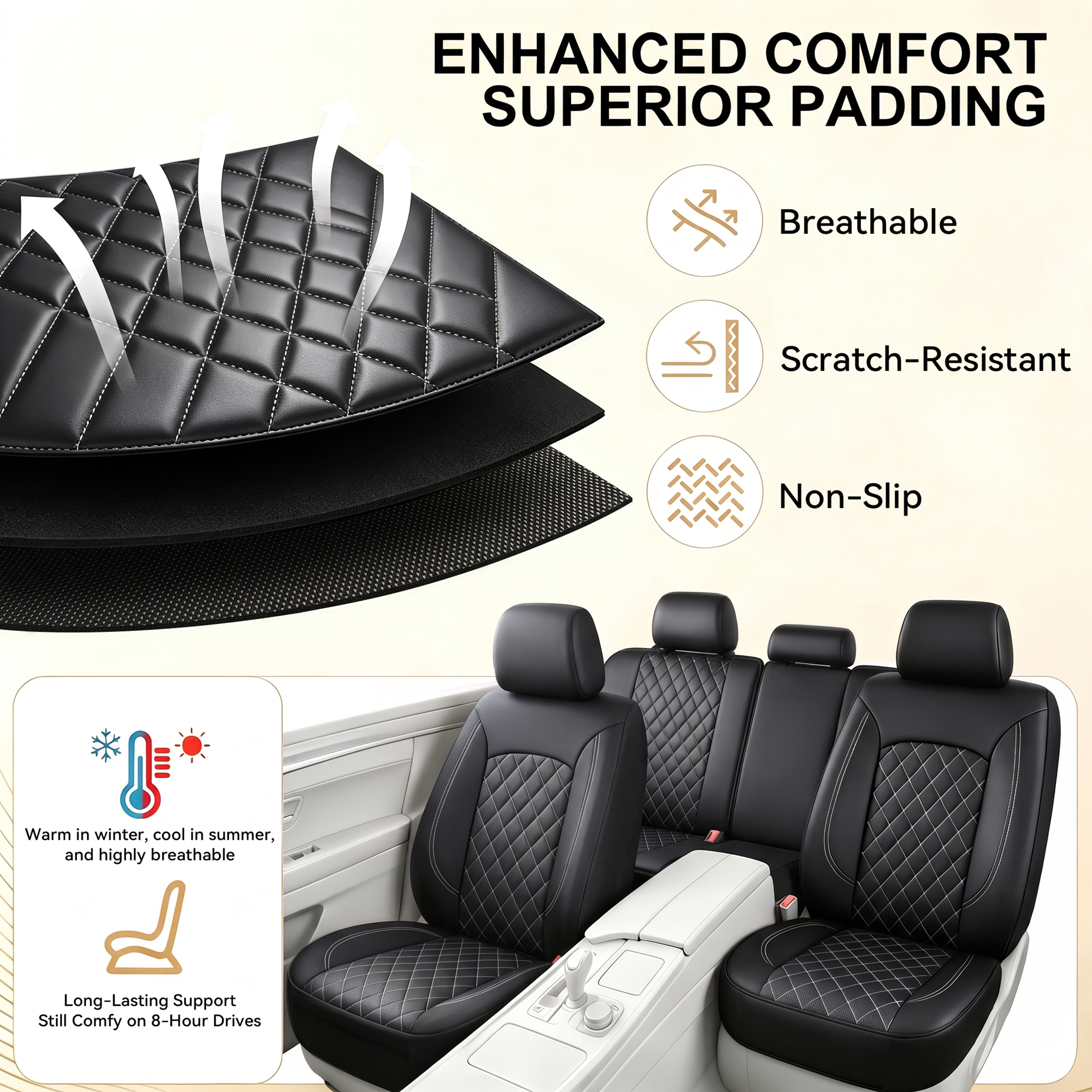 FLORAY Waterproof PU Leather Full Set Car Seat Covers, Black, Airbag Compatible photo 8