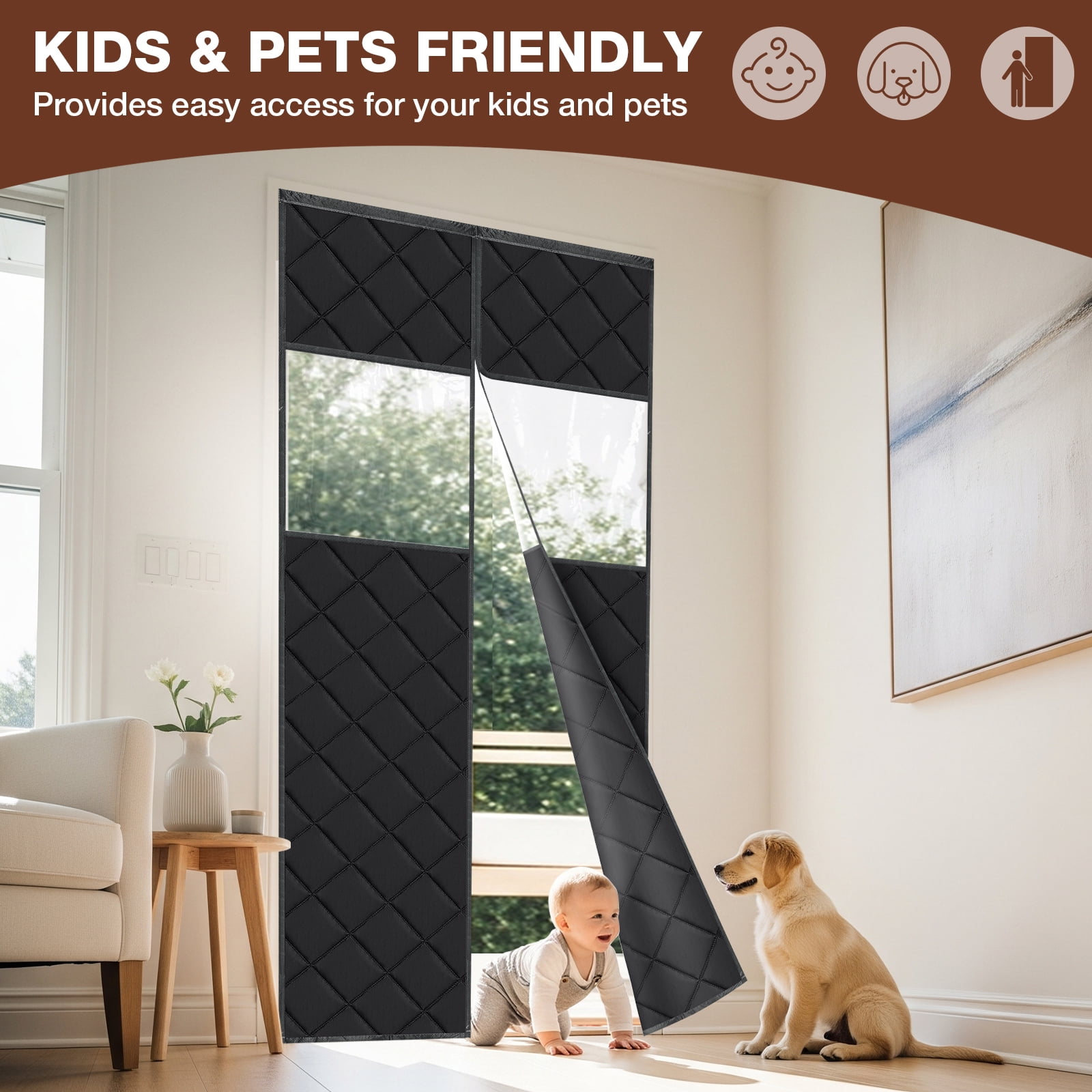 Lapalife Magnetic Thermal Insulated Door Curtain with Perspective Window, Fits 35" x 82" Doors Waterproof Windproof Door Screen Insulation Cover to Keep Warm in Winter, Black