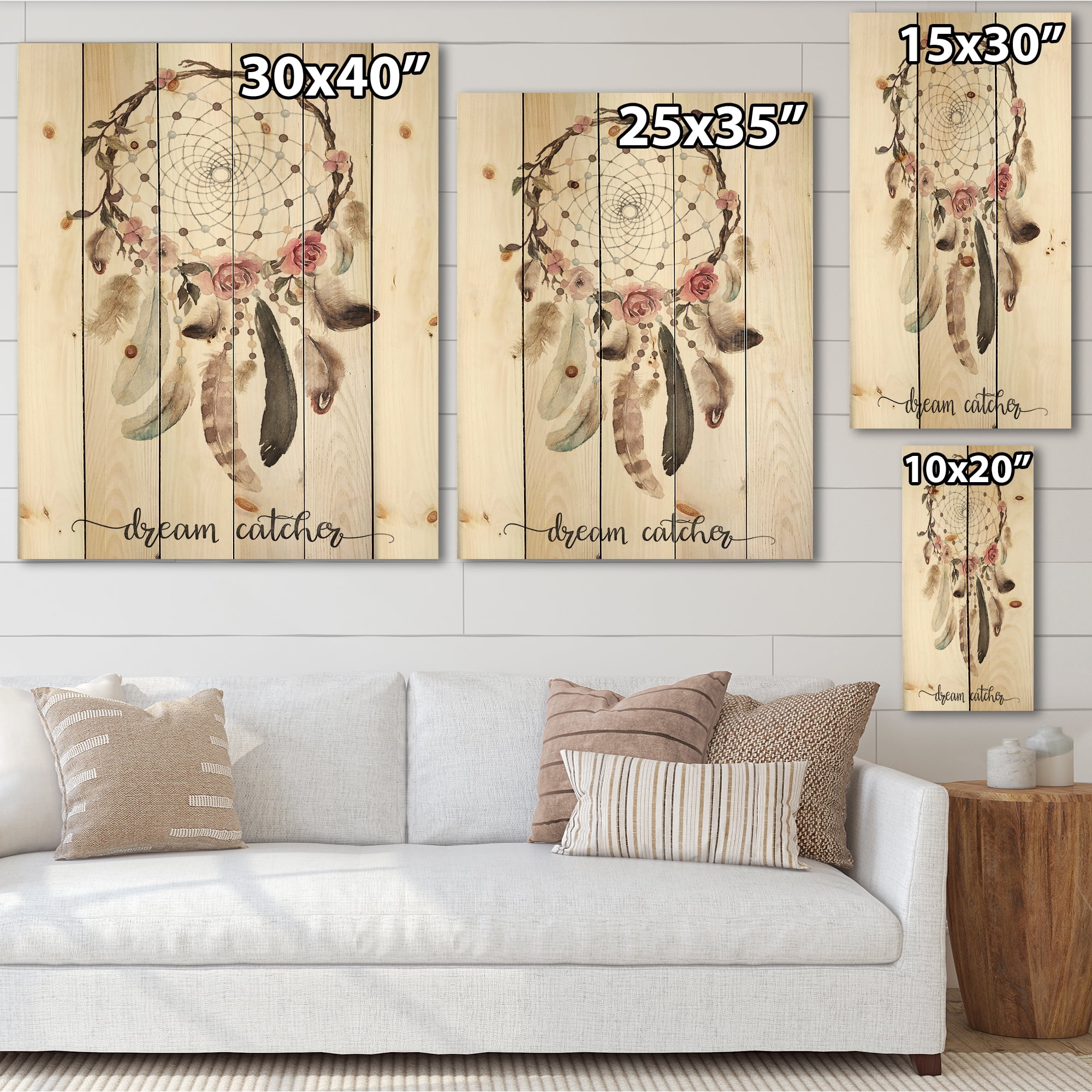 Designart 'Dream Catcher Made With Ethnic Feathers' Bohemian & Eclectic Print on Natural Pine Wood