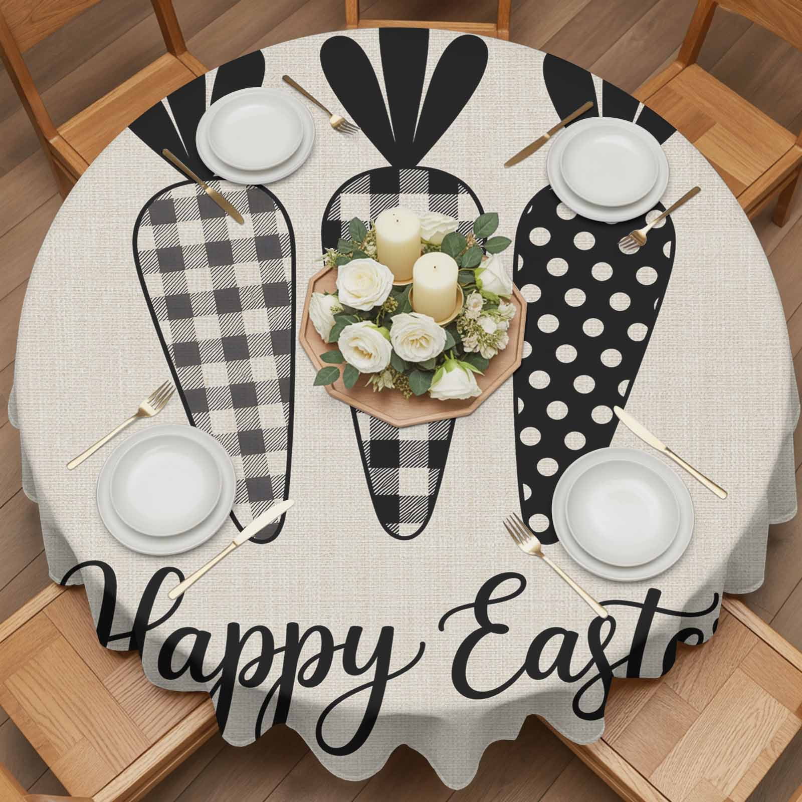 Round Tablecloth Happy Easter Waterproof Oil Proof Polyester Table Cloth Cover Decor for Home Dining Outdoor,Patio,Parties, 60" Dia. Farmhouse Plaid Carrots Linen