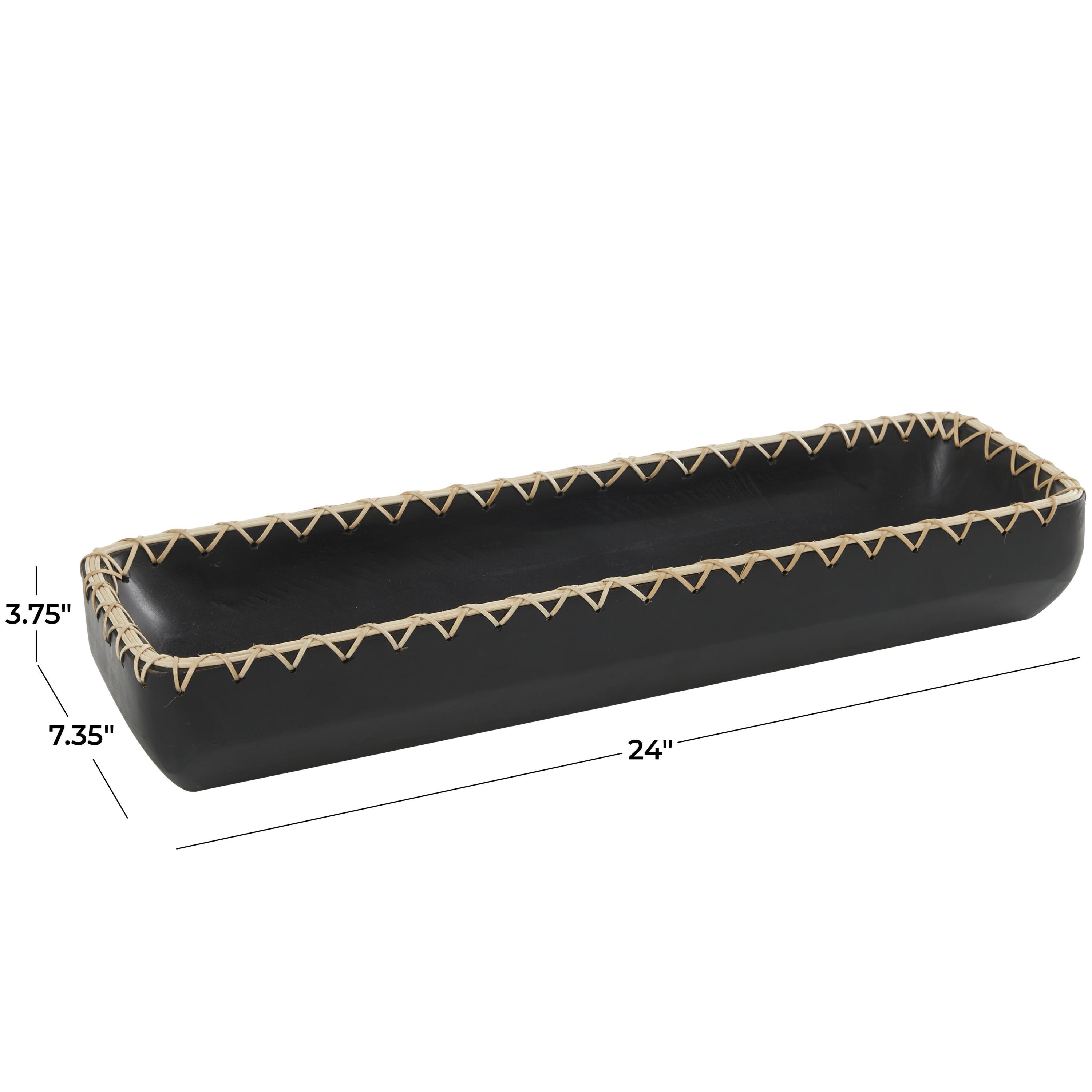 DecMode 24" x 7" Black Mango Wood Handmade Nesting Tray with Hand Sewn Seagrass Accents, 1-Piece