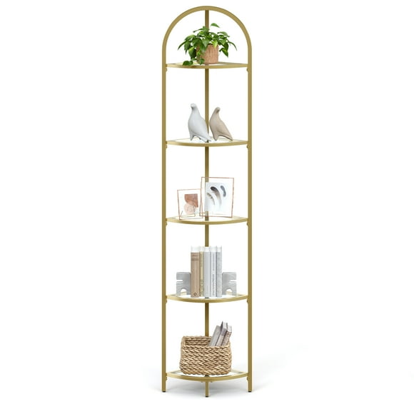 VASAGLE Estantería Esquinera de 5 Niveles, Librería, Estantería para Baño, Soporte para Plantas, Vidrio Templado, Moderno, para Salón, Cocina, Dorado Metálico