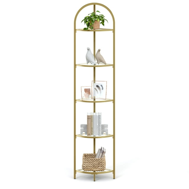 VASAGLE Estantería Esquinera de 5 Niveles, Librería, Estantería para Baño, Soporte para Plantas, Vidrio Templado, Moderno, para Salón, Cocina, Dorado Metálico