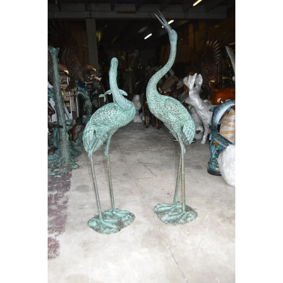 Nifao Pair of Cranes fountains Bronze Statue – Green Patina - 13"L x 9.5"W x 52"H.