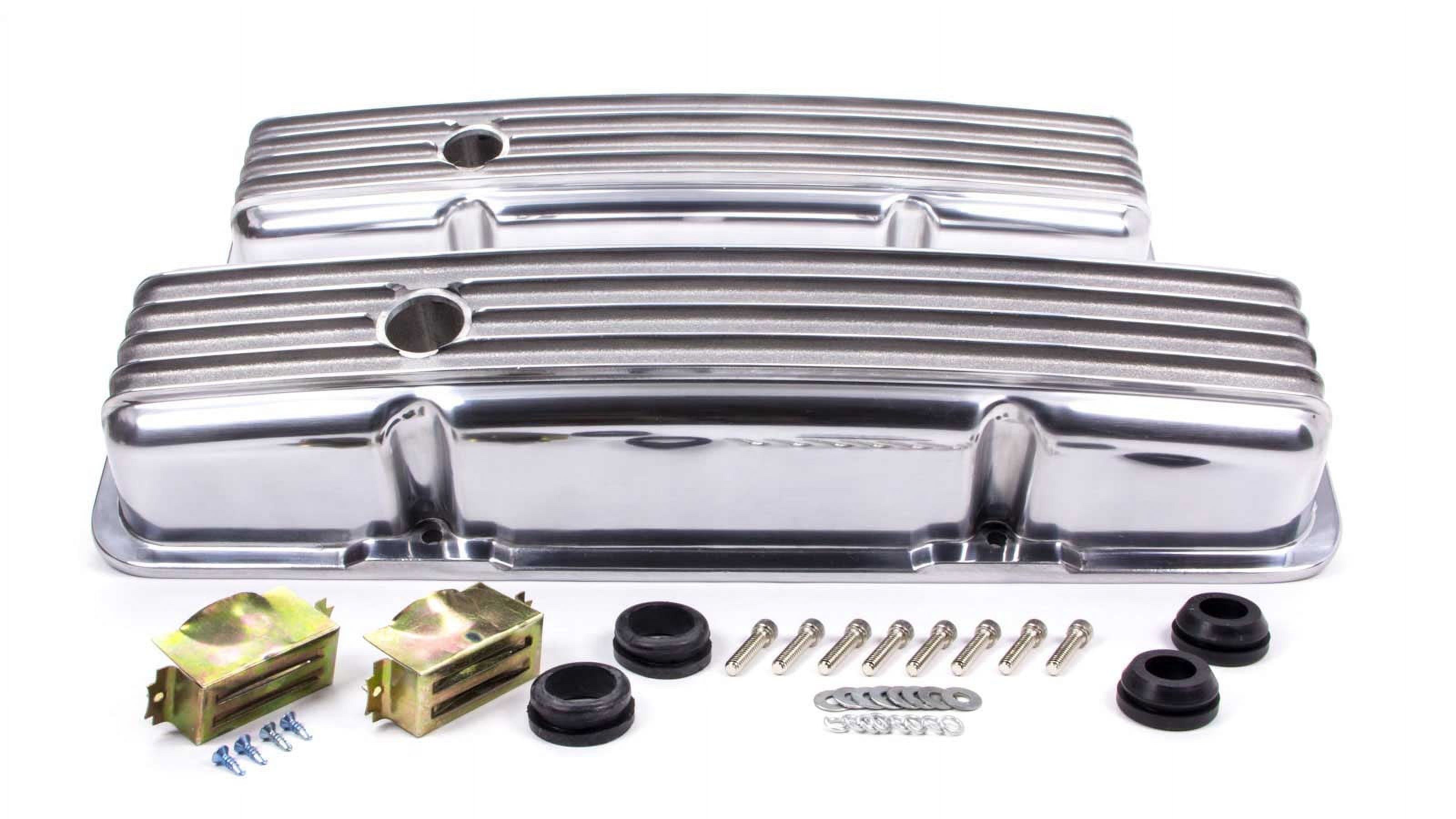 Racing Power Polished SBC Finned Short Valve Cover with Hole for 1958‑95 Chevy 283‑350, 1 Pair