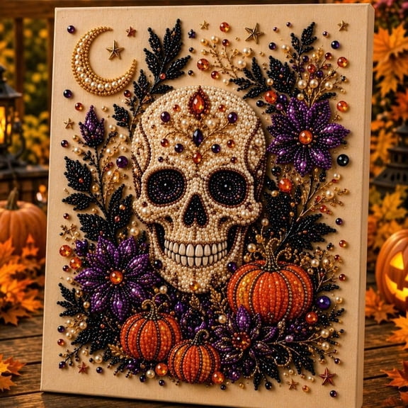 Halloween Skull Pearl Art DIY Kit, Spooky Diamond Painting Craft for Adults, Skeleton Bead Art Decoration Project, Fall Home Decor Artwork, Seasonal Gift Idea