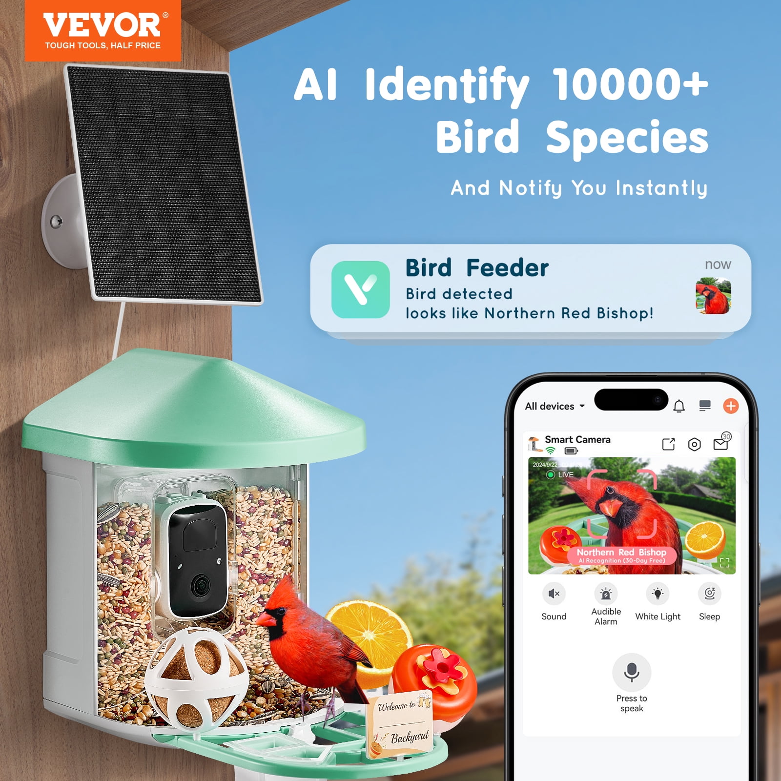 VEVOR Smart Bird Feeder with Camera, 2K HD AI Identify 10,000+ Bird Species, Solar-Powered Bird Watching Camera with Auto Capture & Instant Notify, Wireless Outdoor Ideal Gift