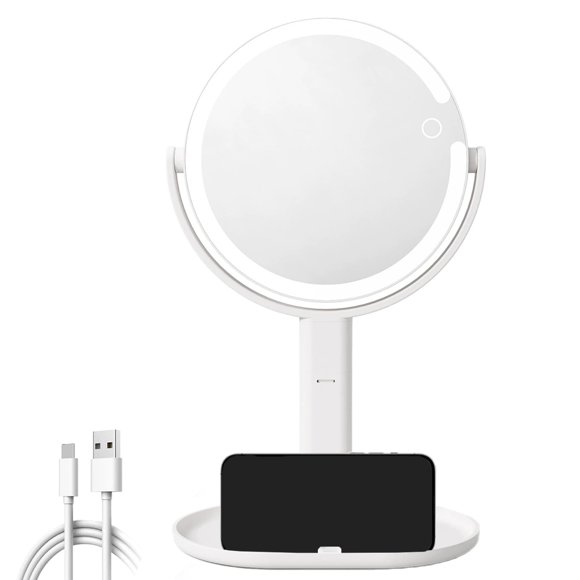 Meeyoga Espejo con Luz para Maquillaje con Aumento 10X/1X,-Rotación de 360°, 3 Modos de Colores, Brillo y Altura Ajustables,Espejo de Computadora de 2 Lados con luz de 8 Pulgadas