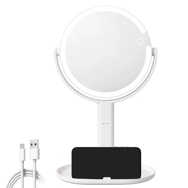 Meeyoga Espejo con Luz para Maquillaje con Aumento 10X/1X,-Rotación de 360°, 3 Modos de Colores, Brillo y Altura Ajustables,Espejo de Computadora de 2 Lados con luz de 8 Pulgadas