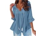thumbnail image 1 of Moda mujer Casual manga larga cuello en V algodón lino sólido cordón suelta blusa Pompotops FGAJ13755, 1 of 5