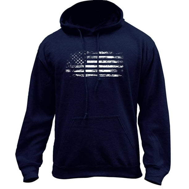USAMM - Distressed American Flag Pullover Hoodie Sweatshirt (XL, Navy ...