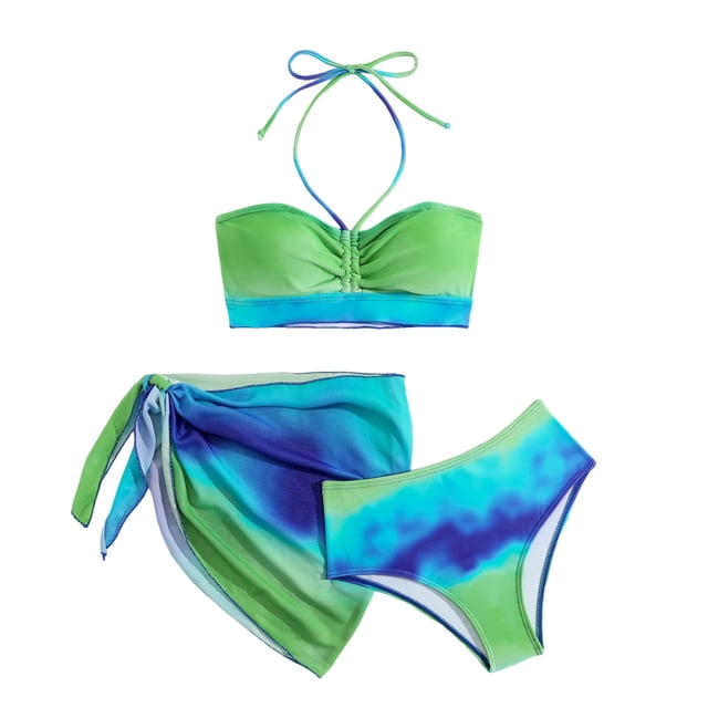 Hawaiian Printed Split Swimsuit Three Piece Set for Kids, Polyester-Cotton Blend, Short Sleeve Cover-Up, UPF Protection, Vibrant Floral Pattern, Matching Top Bottom and Rash Guard