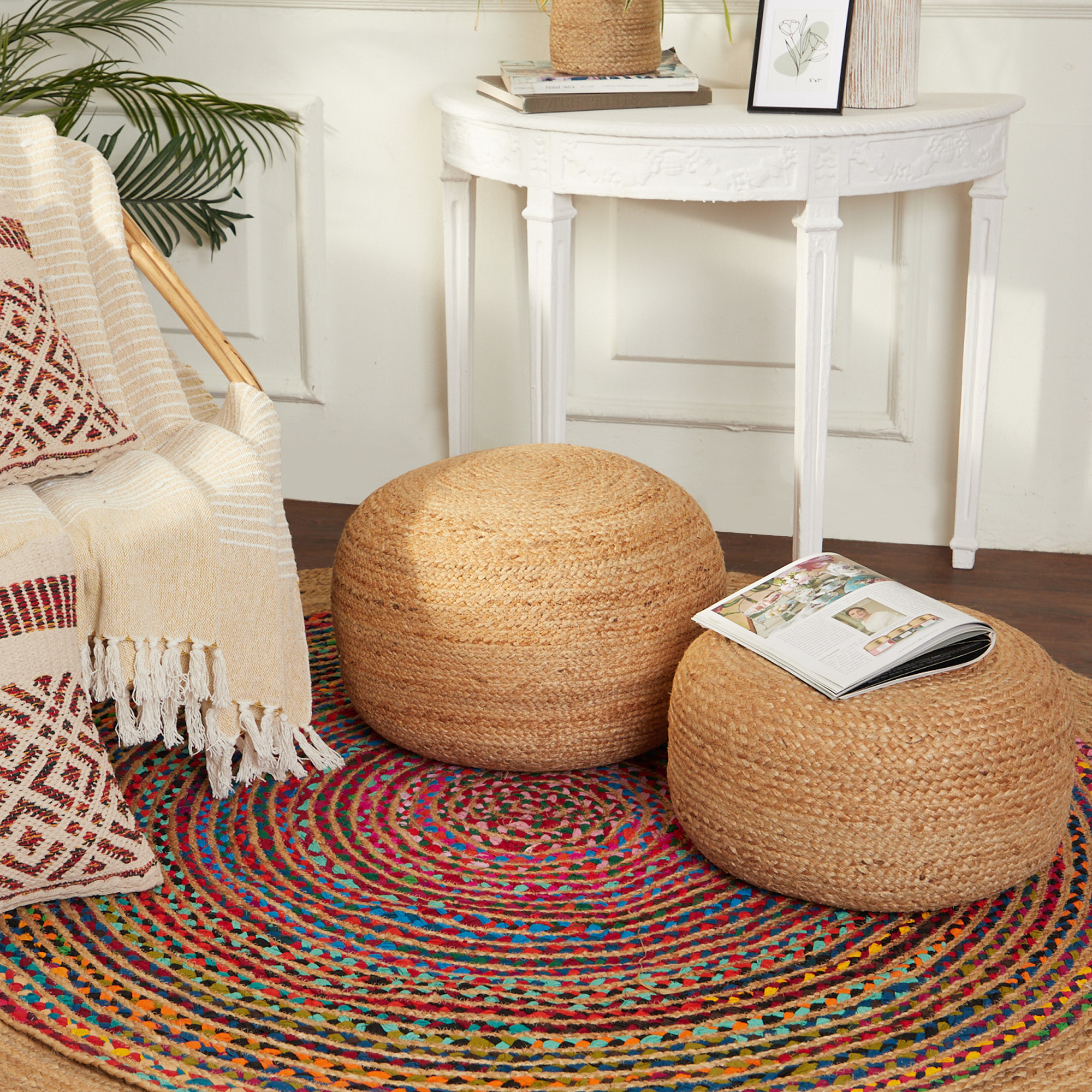 Redearth Jute Circular Pouf Ottoman, Natural photo 3