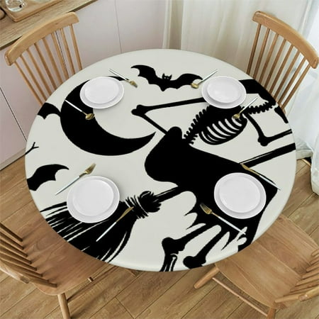 

SHERONV Skeleton Witch Hat Bats Round Table Cover Stain Resistant Washable Indoor Outdoor Tablecloth Kitchen Dining Wedding Parties 100% Polyester Fiber Halloween Theme 54-58