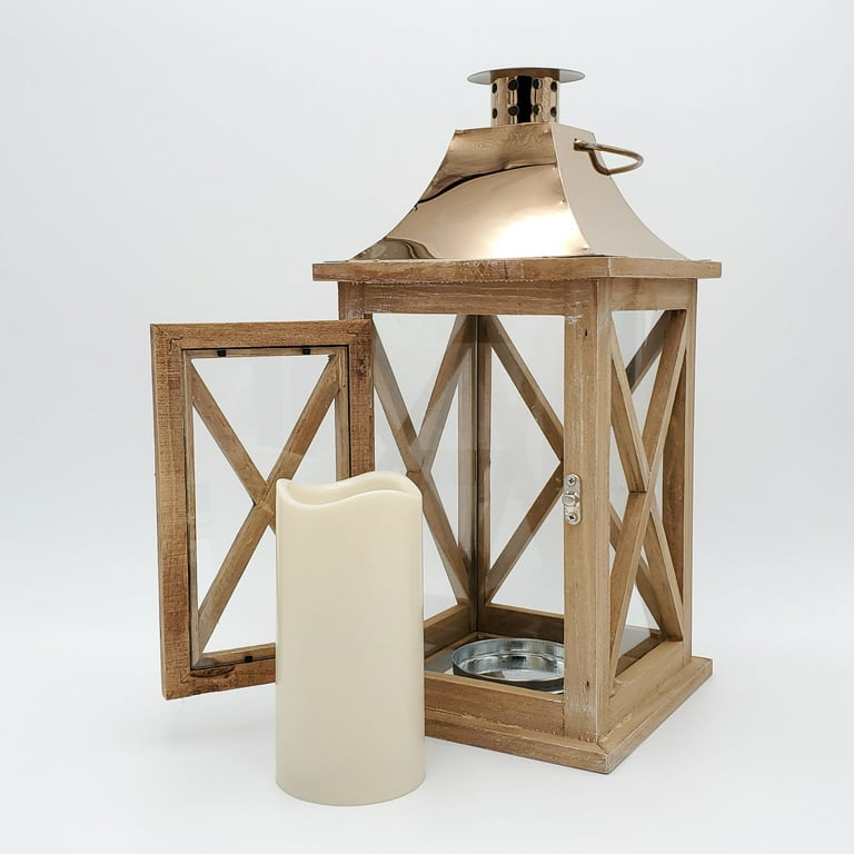 Wooden Led Lantern With Copper Roof And Battery Operated Candle