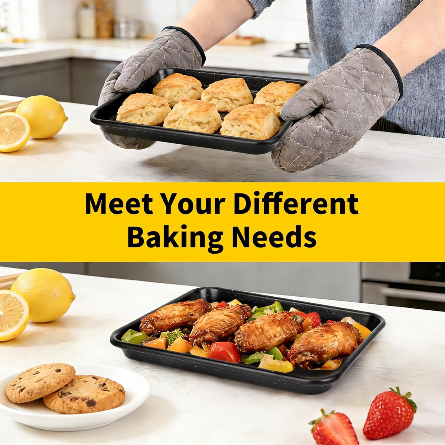 Small Baking Sheet Pan, 2 Pack 8.5x6.5 Inch Mini Small Cookie Sheets for Individual Baking Cooking Serving, Cookie Roll Cake Brownie Pan Tray for Oven - Black Speckle